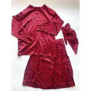 Vintage Doncaster 3 Piece Silk Skirt Blouse and Scarf Red and Black Pattern 10